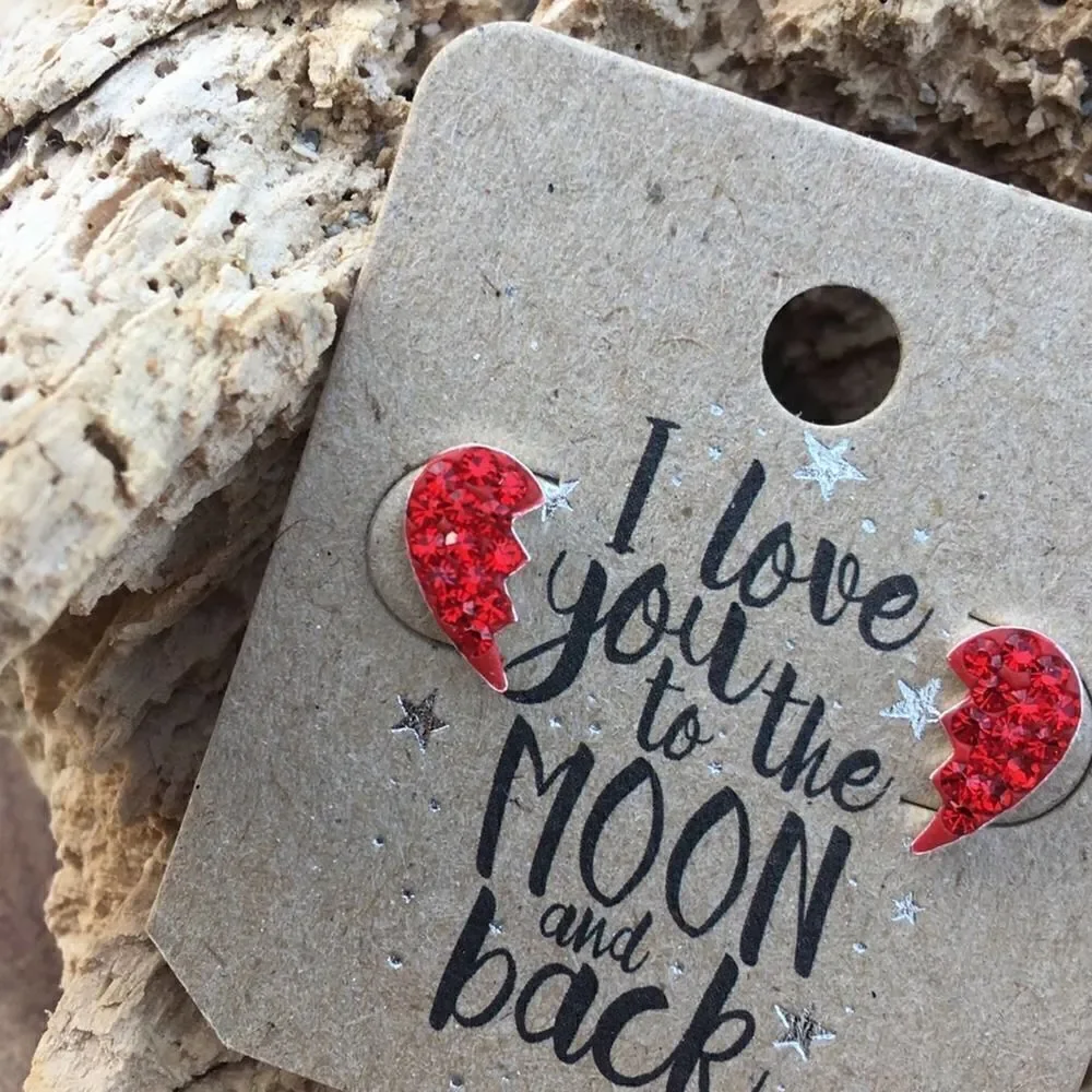 Girls Swarovski Crystal Sterling Silver Red Wing Heart Earrings
